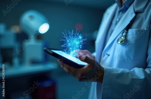 A medical worker uses a tablet displaying a holographic projection of a model of the virus.