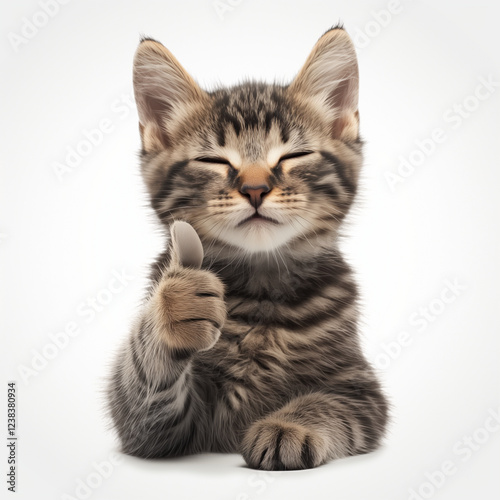 Funny grey kitten with thumb up isolated on white background