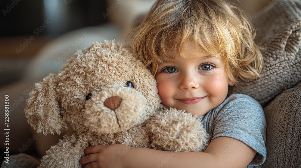 A toddler hugging a soft, organic cotton stuffed animal, feeling cozy and safe. A toddler hugging a soft, organic cotton stuffed animal, feeling cozy and safe.