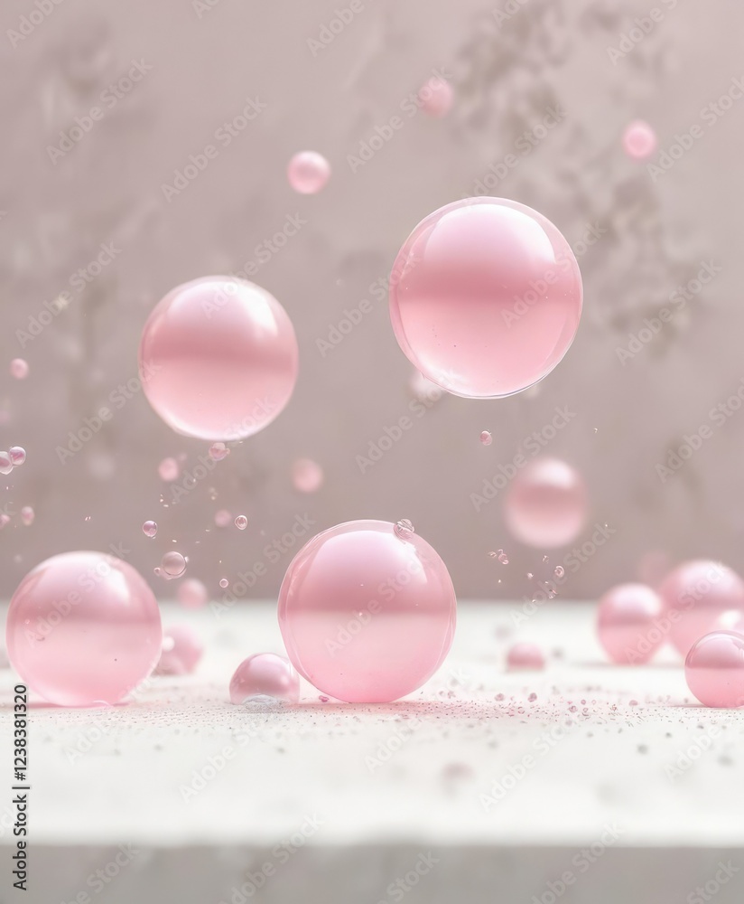 Tiny pink bubbles float on a soft white abstract background with delicate texture and pastel colors , airy, soothing Tiny pink bubbles float on a soft white abstract background with delicate texture and pastel colors , airy, soothing