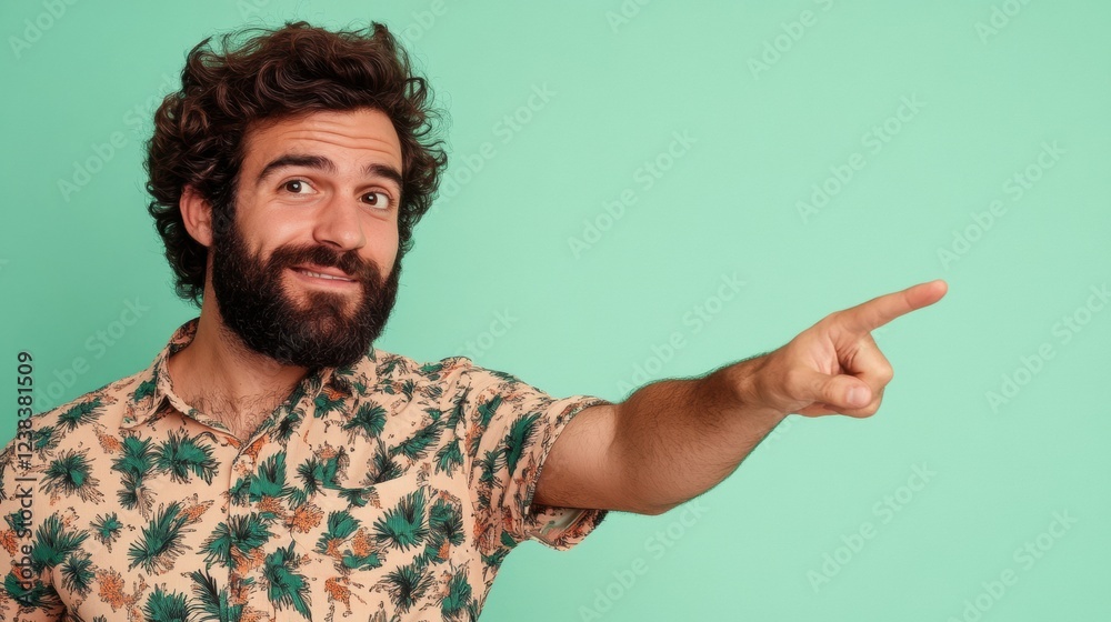 man pointing happy smiling summer shirt tropical