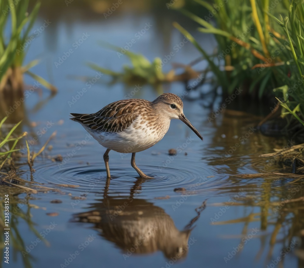 Tiny sandpiper wades through shallow marsh water, water, wildlife, bird in water Tiny sandpiper wades through shallow marsh water, water, wildlife, bird in water