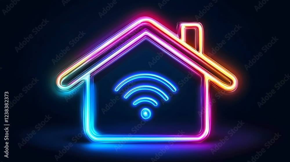 Cyberpunk style Futuristic Home Networking Icon with Neon Wi Fi Waves Representing Cutting edge Smart Home Technology and Connectivity Cyberpunk style Futuristic Home Networking Icon with Neon Wi Fi Waves Representing Cutting edge Smart Home Technology and Connectivity