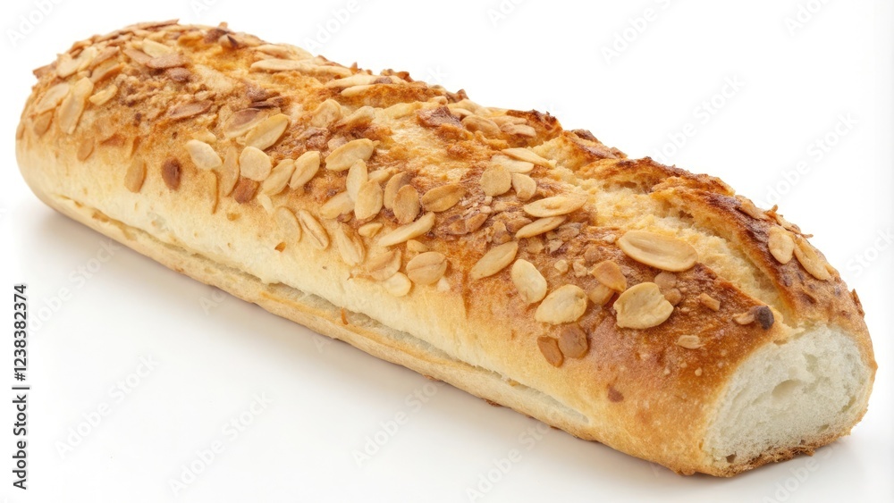 Toasted almond-crusted baguette with a crispy, golden-brown crust and a soft interior, crusty bread, baked goods Toasted almond-crusted baguette with a crispy, golden-brown crust and a soft interior, crusty bread, baked goods