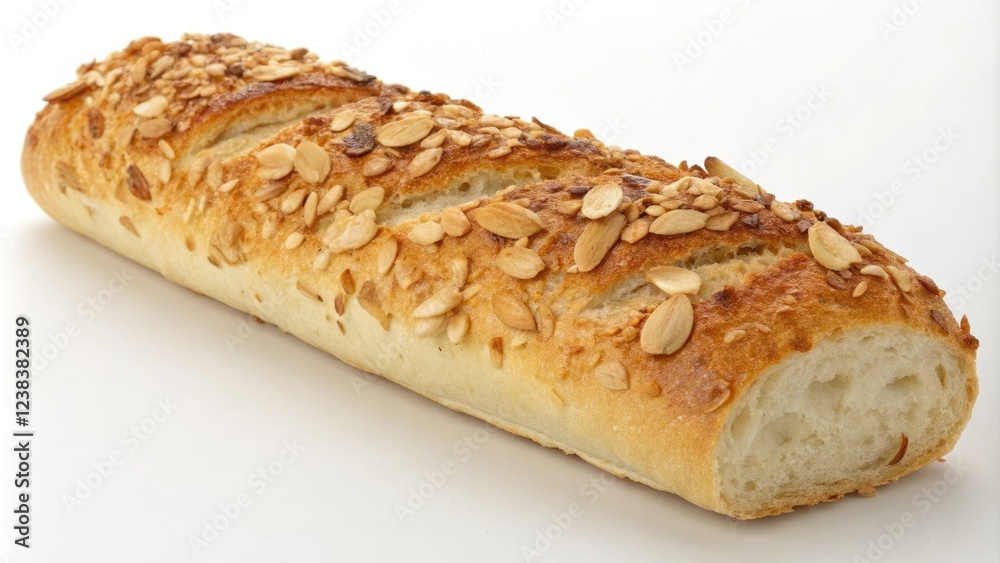 Toasted almond-crusted baguette with a crispy, golden-brown crust and a soft interior, baked goods, french bakery, texture contrast, artisanal bread, culinary presentation Toasted almond-crusted baguette with a crispy, golden-brown crust and a soft interior, baked goods, french bakery, texture contrast, artisanal bread, culinary presentation