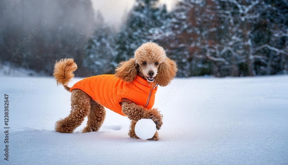 Εκτύπωση καμβά A playful poodle explores a soft blanket of snow, wearing a bright orange coat under the trees