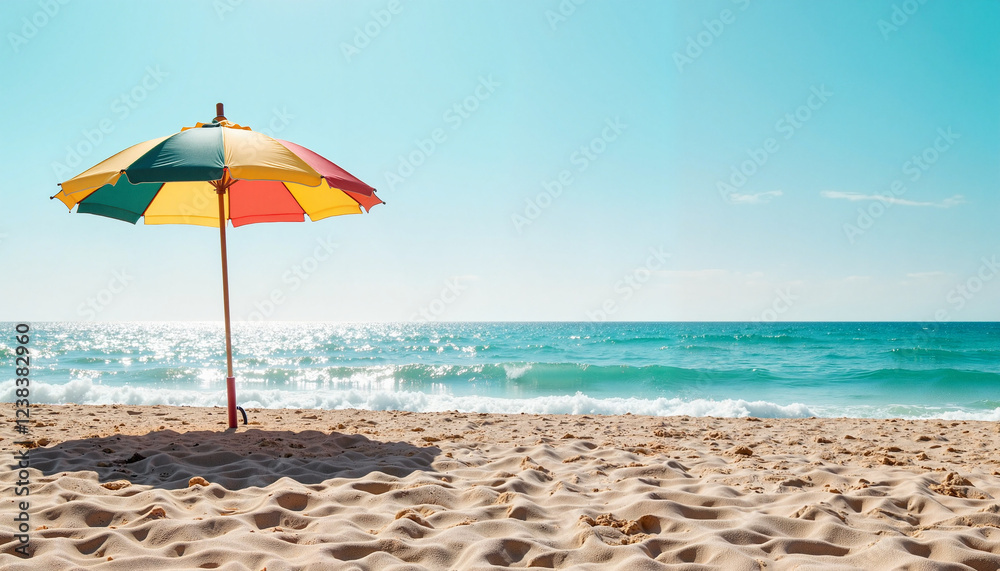 Colorful beach umbrella overlooking shimmering ocean waves, summer vibe Colorful beach umbrella overlooking shimmering ocean waves, summer vibe