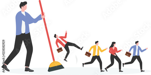 Business concept vector illustration of a businessman sweeping, businessmen being swept by a broom. Downsizing, employee reduction concept

