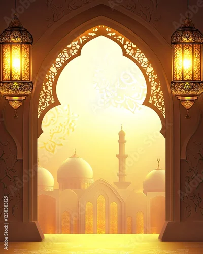 Obraz Golden Mosque Gateway: A Serene Islamic Architectural Masterpiece at Dawn.