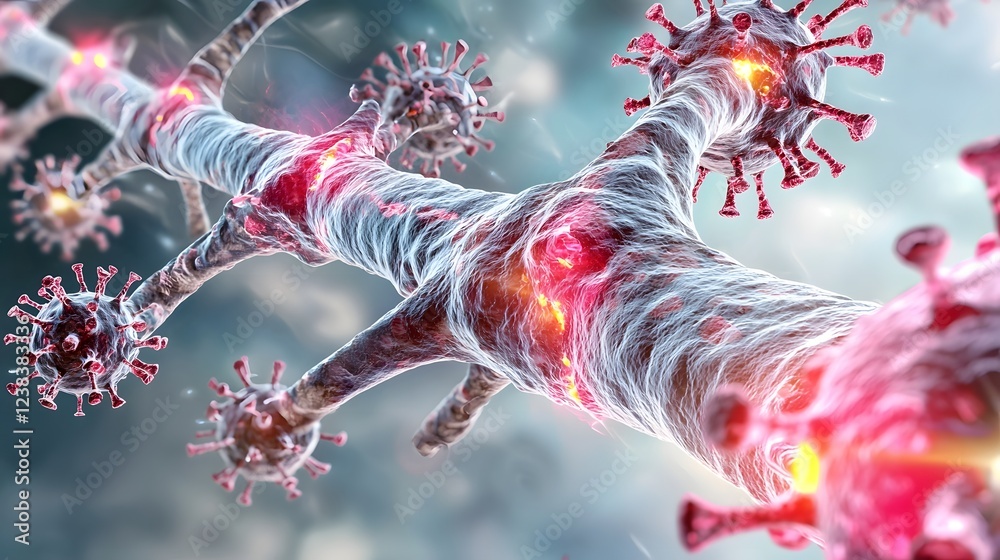 Detailed 3D medical showing microscopic pathogens attacking and damaging lung tissues and respiratory system Concept of lung disease infection illness and respiratory health Detailed 3D medical showing microscopic pathogens attacking and damaging lung tissues and respiratory system Concept of lung disease infection illness and respiratory health