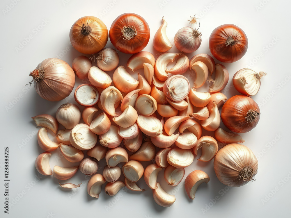 Top view of whole and sliced onions and garlic on white table, culinary art, staple foods, food styling, fresh produce Top view of whole and sliced onions and garlic on white table, culinary art, staple foods, food styling, fresh produce