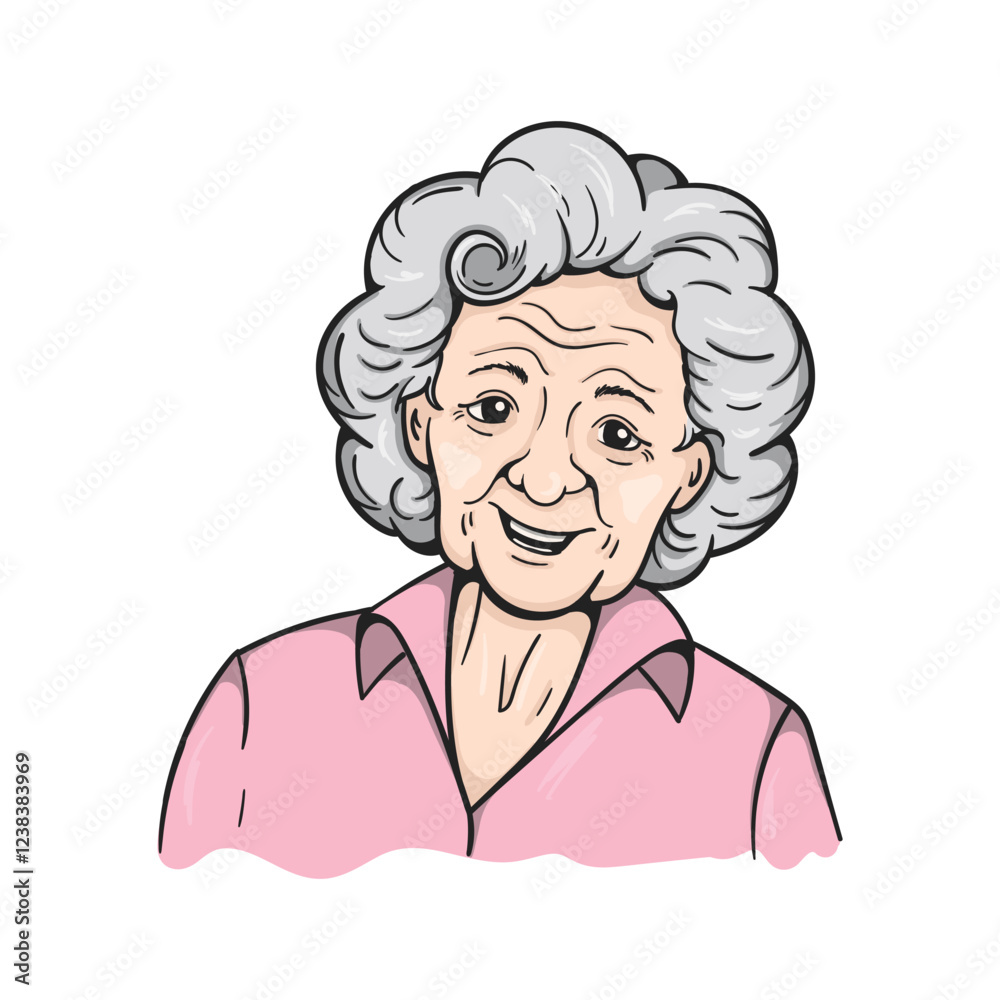 Obraz premium Vector portrait of a cute smiling elderly woman. Color illustration for postcard, sticker, poster design. Congratulations on March 8th to grandmother