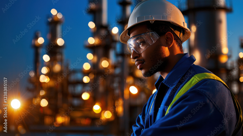 Obraz premium focused industrial worker in safety gear at refinery site, showcasing dedication and professionalism