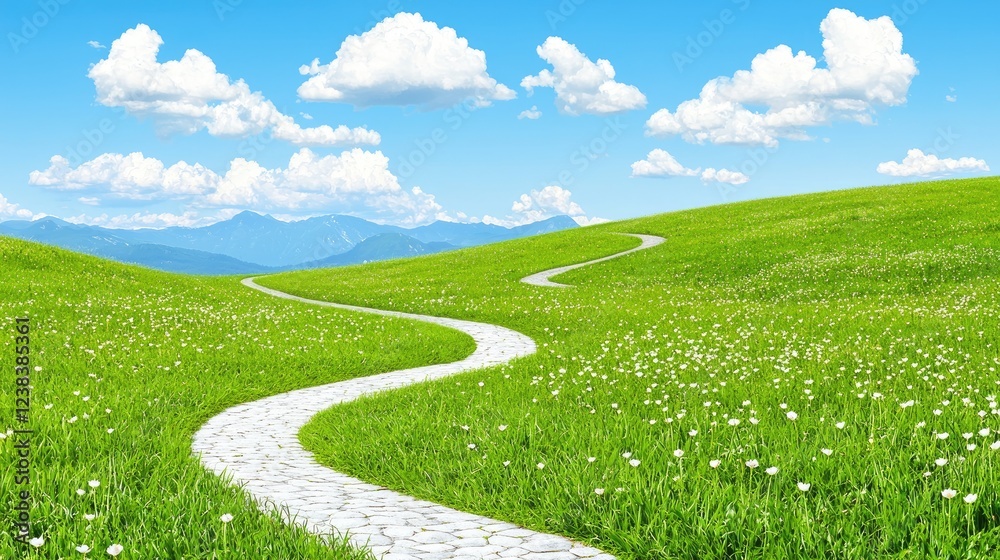 Winding path through green meadow, mountains background; idyllic nature scene Winding path through green meadow, mountains background; idyllic nature scene