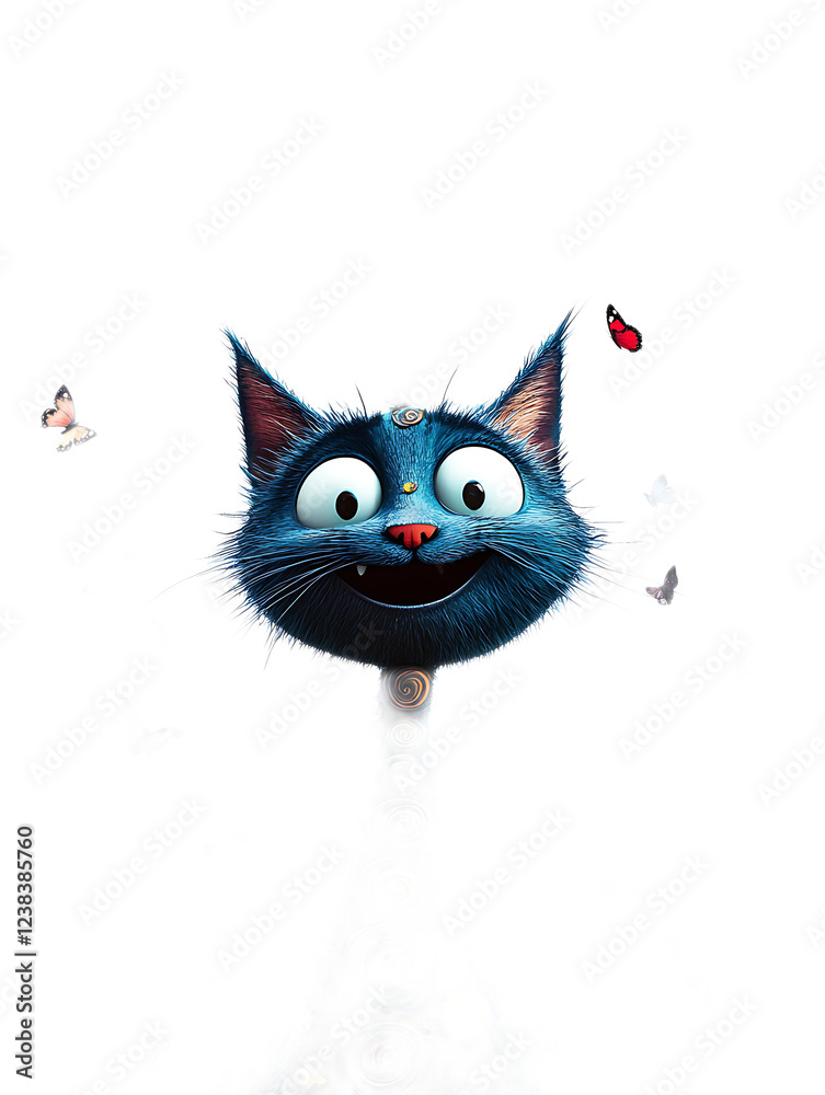 Fototapeta premium Whimsical Cat Cartoon with Spirals and Butterflies in Design
