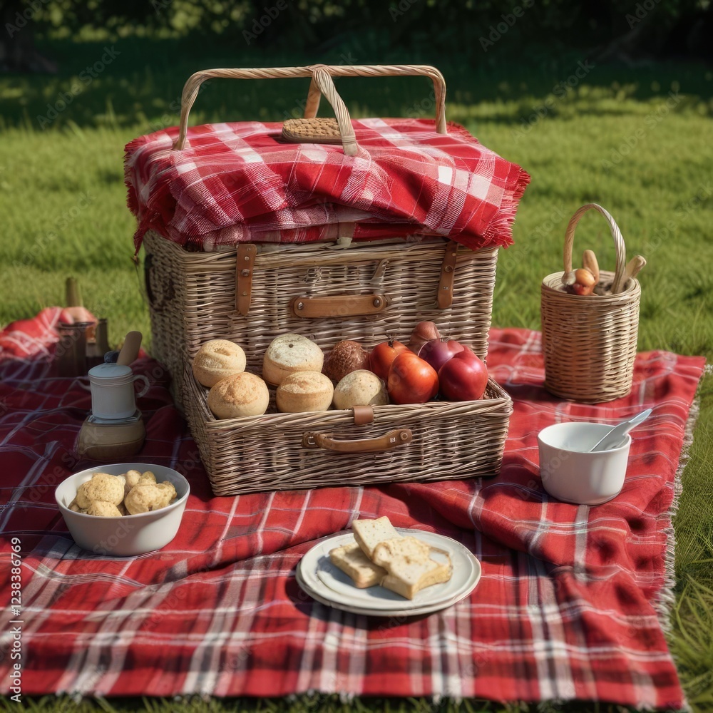 Traditional picnic set with wicker hamper and red plaid blanket, garden, holiday, event Traditional picnic set with wicker hamper and red plaid blanket, garden, holiday, event