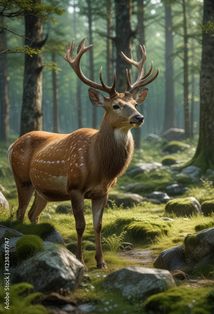 Tranquil deer relaxing on the mossy ground of the Siberian woods, green leaves, wildlife refuge, lush foliage, ecological system Tranquil deer relaxing on the mossy ground of the Siberian woods, green leaves, wildlife refuge, lush foliage, ecological system