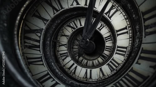 spiral staircase clock eternal loop logarithm form Time travel concept. Time travel clock. 4K Video immense clock, symbolizing time and mystery.