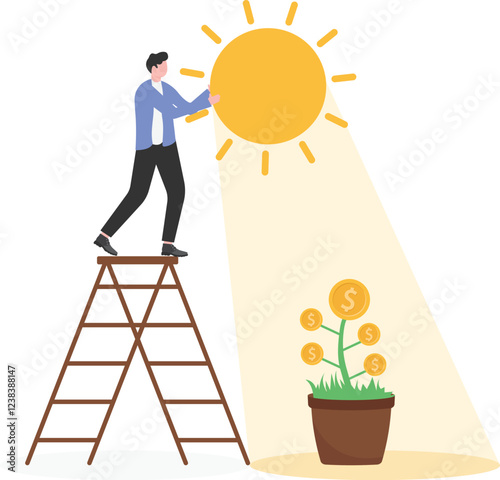 photosynthesis.hand holding a sun to illuminate seedling.investment, prosperity and economic growth or saving and business profit concept.

