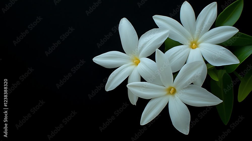 Obraz premium Three Delicate White Flowers Against Black Background