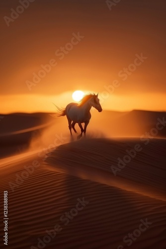 Arabian Horse in Desert: A sleek Arabian horse with a shiny chestnut coat, standing majestically on a golden desert dune during sunset.