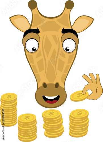 vector illustration emoji head character giraffe cartoon, counting a pile of coins