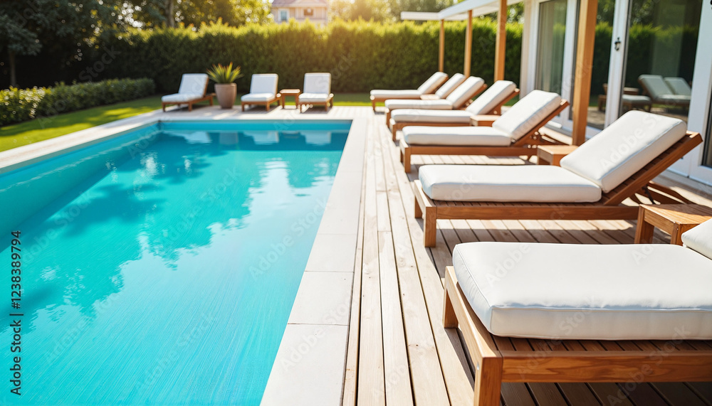 Relaxing poolside scene with luxurious sunbeds and blue water, leisure Relaxing poolside scene with luxurious sunbeds and blue water, leisure