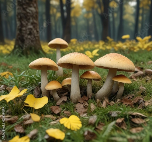 Tricholoma populinum mushrooms on grass with yellow leaves and forest floor background , fall foliage, autumn fungi photo