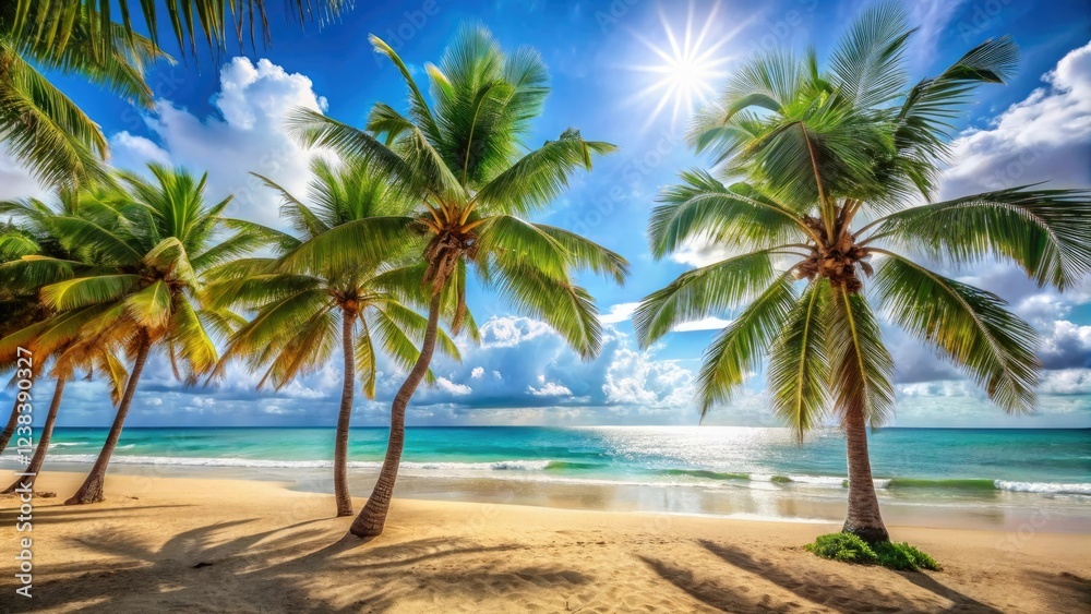 Tropical beach scene with palm trees swaying in the ocean breeze on a hot summer afternoon, summer vacation, warm water, palm trees, beach chairs Tropical beach scene with palm trees swaying in the ocean breeze on a hot summer afternoon, summer vacation, warm water, palm trees, beach chairs
