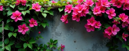 Tropical bougainvillea vine growing on a trellis with leaves, vines, foliage