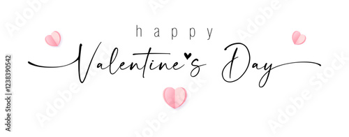 Happy Valentine's Day postcard design. Creative handdrawn style text and 3D paper pink hearts, horizontal line banner. Party decoration. Decorative elements. Clipart template. Creative greetings.