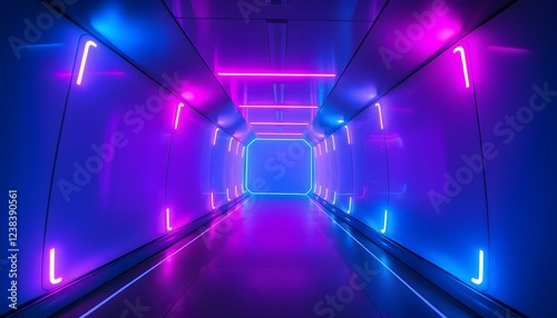 A futuristic tunnel with glowing neon lights in shades of blue, purple, and pink, featuring rectangular shapes and a bright light at the end. The atmosphere is vibrant and high-tech, creating a sense 