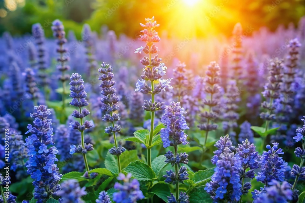 Fototapeta premium Aerial View of Summer Garden with Blooming Blue Catmint (Nepeta faassenii)