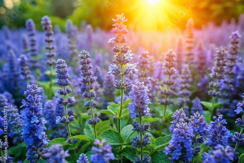 Aerial View of Summer Garden with Blooming Blue Catmint (Nepeta faassenii)