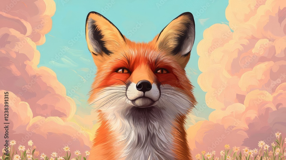 Fototapeta premium Wildlife encounter nature idea. A vivid illustration of a majestic fox against a colorful sky and blooming flowers.