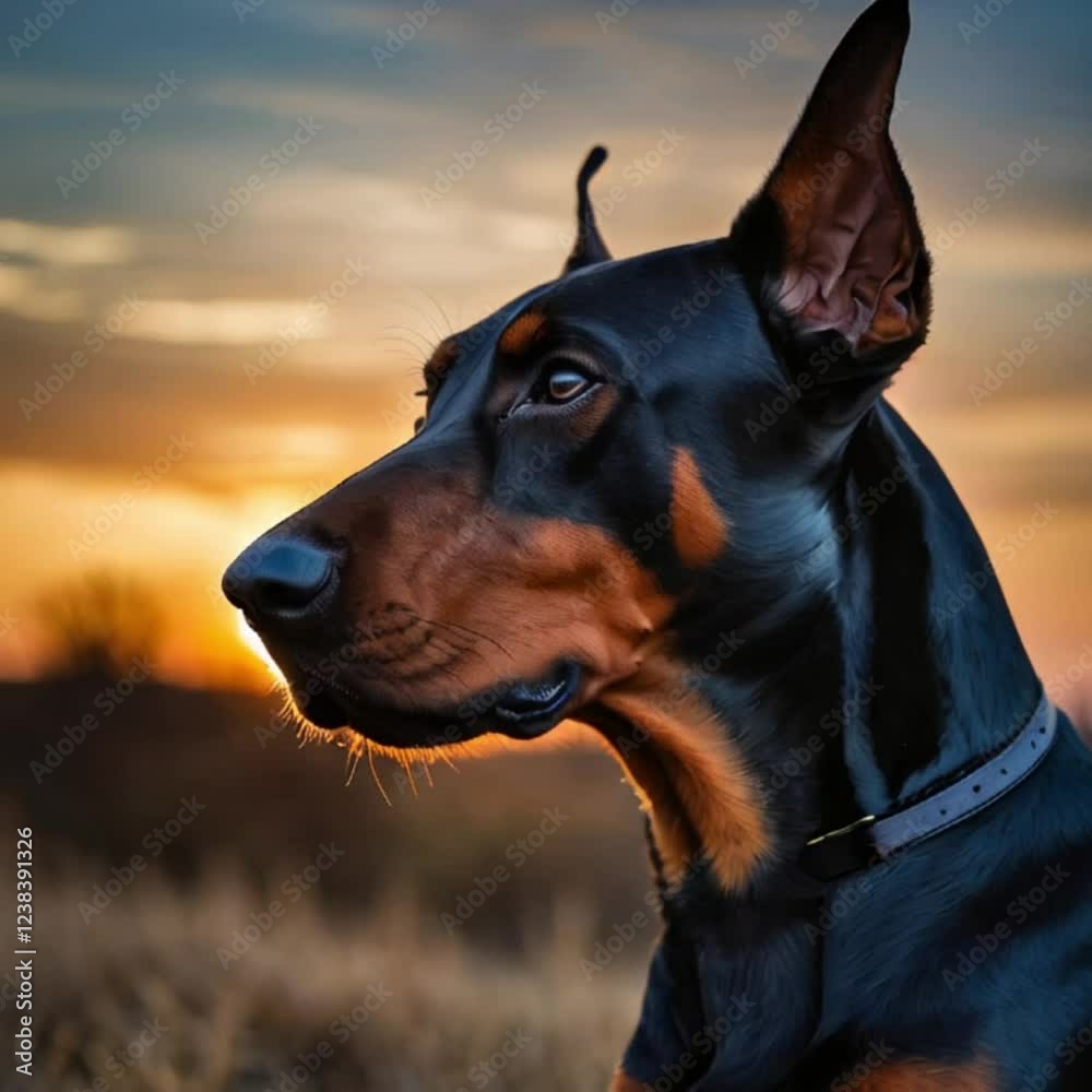 Profile of a Doberman dog against a sunset with dramatic lighting
Profile of a Doberman dog against a sunset with dramatic lighting