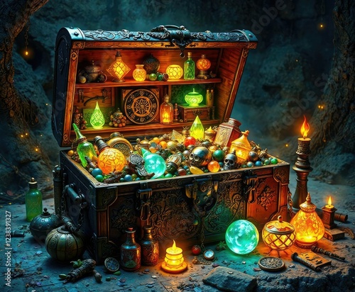 Trunk overflowing with glowing trinkets and talismans, glowing artifacts, radiant cache, magical storage