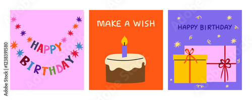 Bright flat illustration of a set of birthday cards in a minimalist style. Perfect for greeting cards, social media, invitations, prints, and stickers for birthday celebrations.