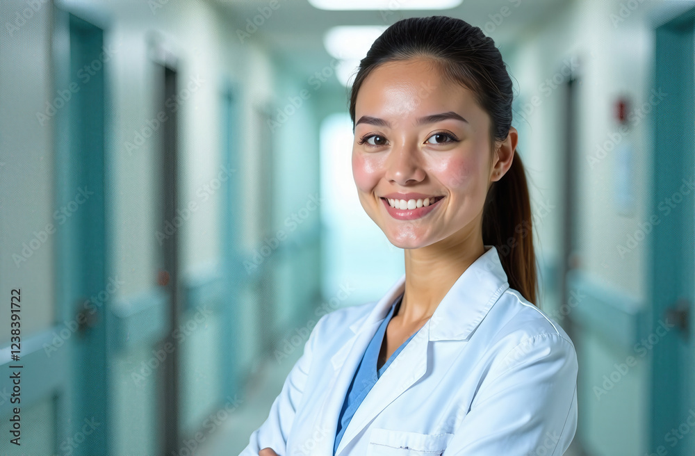 Confident and determined young female doctor walking through a busy hospital corridor Confident and determined young female doctor walking through a busy hospital corridor