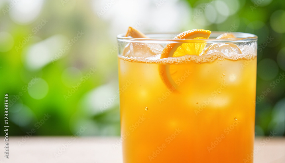 Vibrant orange juice with ice in tropical setting, refreshing beverage Vibrant orange juice with ice in tropical setting, refreshing beverage