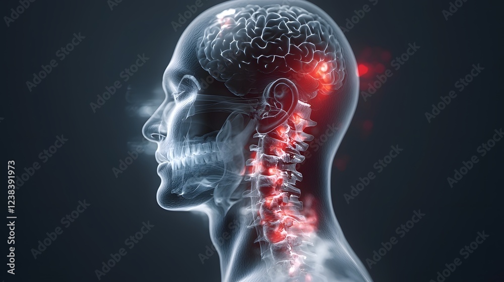 Transparent X Ray Style Digital Rendering Highlighting the Human Head and Neck Anatomy with Swollen Tonsils and Glands Under Attack by Viruses and Infection