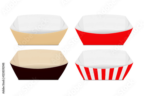 Blank empty white paper food tray. Kraft, red, black, striped. 3d mockup set. Easy editable. Fast food snack, dessert paperboard serving boat container packaging. Realistic vector mock-up. Template