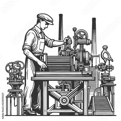 industrial-era factory workers operating heavy machinery, depicting the early labor force sketch engraving generative ai vector illustration. Scratch board imitation. Black and white image.