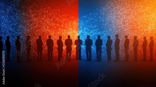 Business People Divided by Contrasting Networks Digital Divide Corporate Conflict Silhouette Figures photo