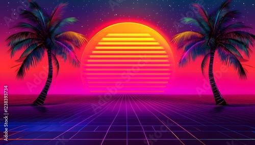 Retro Sunset Scene with Palm Trees and Grid