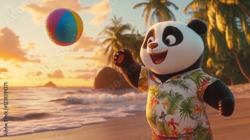 Playful panda enjoying beach ball game at sunset photo