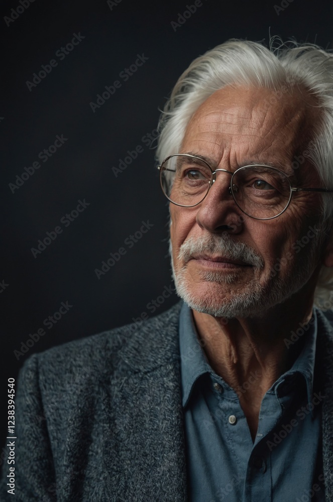 Obraz premium Elderly man with silver hair and glasses looks thoughtfully, showcasing wisdom and experience