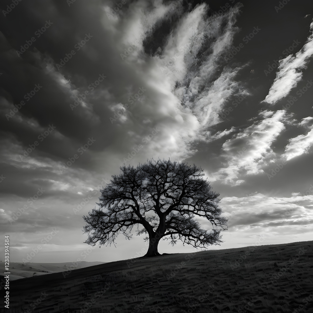 Obraz premium Minimalist Black and White Tree on Hill