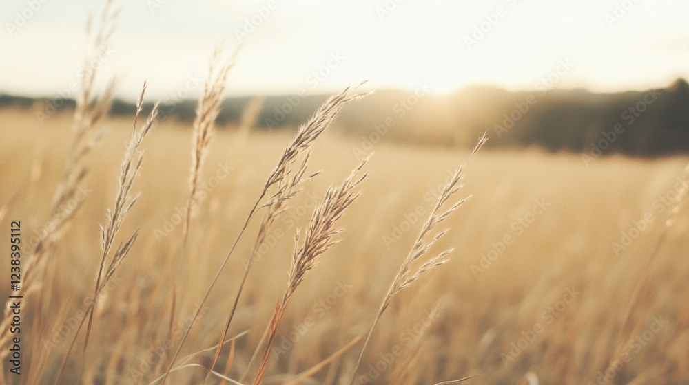 Fototapeta premium Golden hour grassland sunset, tranquil nature scene