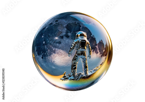 3D render holographic chrome Y2K element, isolated background. Liquid metal, man in a space suit stands, reflection in a glass sphere.